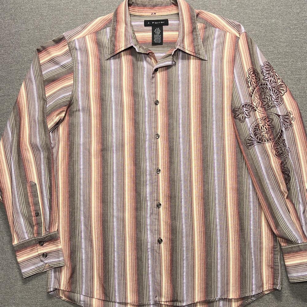 VINTAGE J. Ferrar Shirt Mens Large 16-16.5 Stripe Long Sleeve Embroidered Sleeve